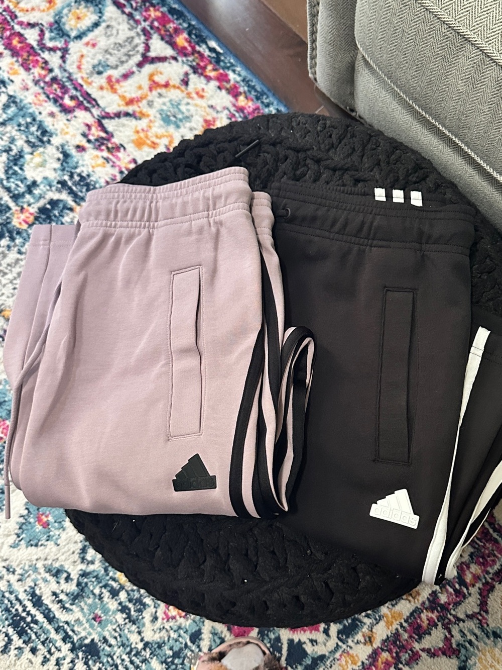 2 Adidas  Women’s Fig Track Pants with Black Stripes.- black and light purple